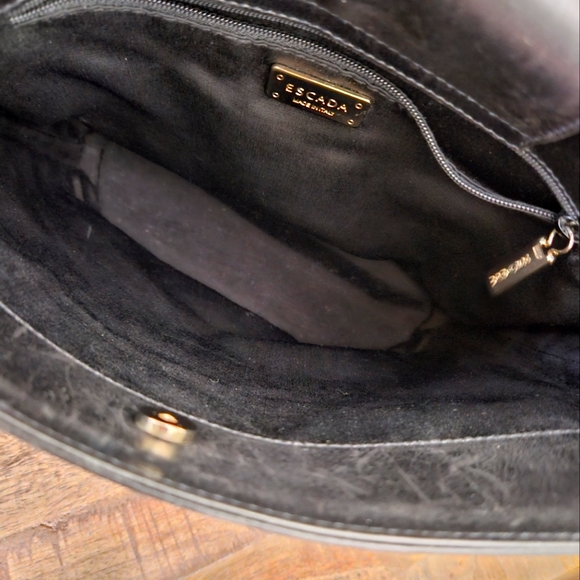 Escada Black Canvas FRINGE Leather Trim Shoulder Bag Interior Snap Closure Inter - Picture 5 of 16